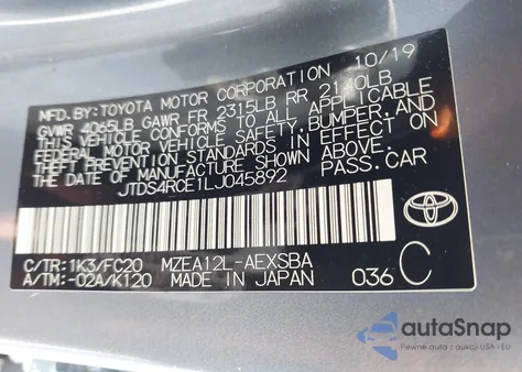 2020 Toyota Corolla Se from USA, damaged, VIN JTDS4RCE1LJ045892
